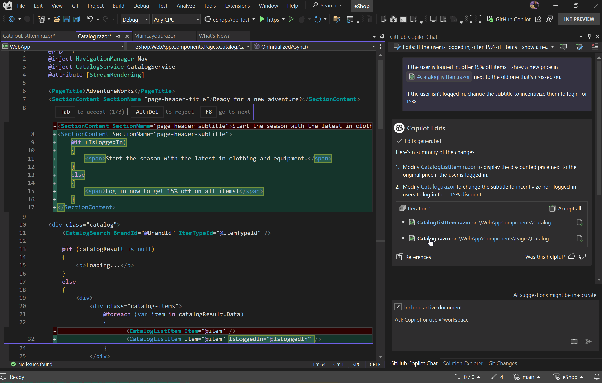 GIF of GitHub Copilot Edits in Visual Studio