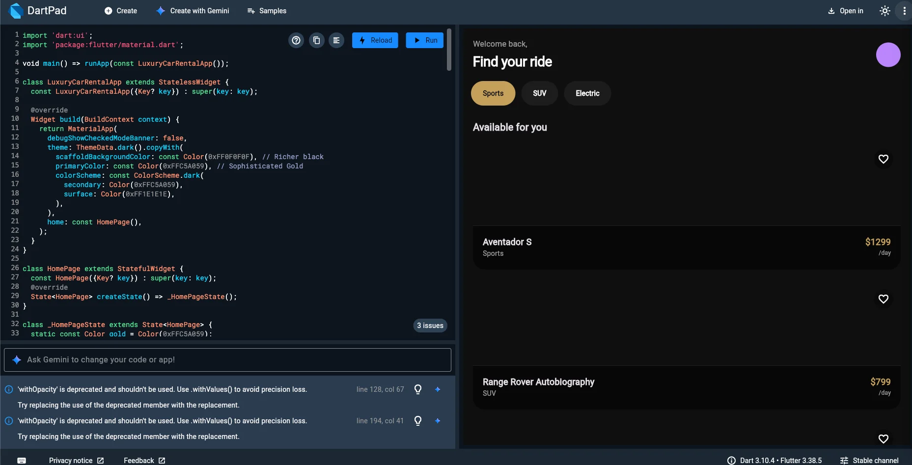 IMG of running app on Dartpad.dev