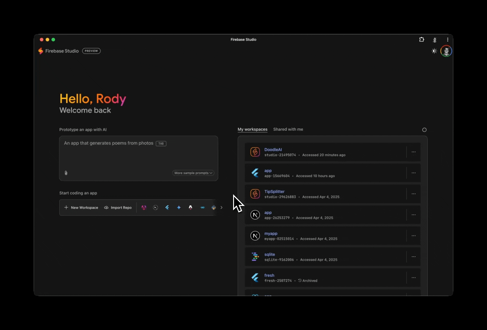 GIF of Firebase Studio