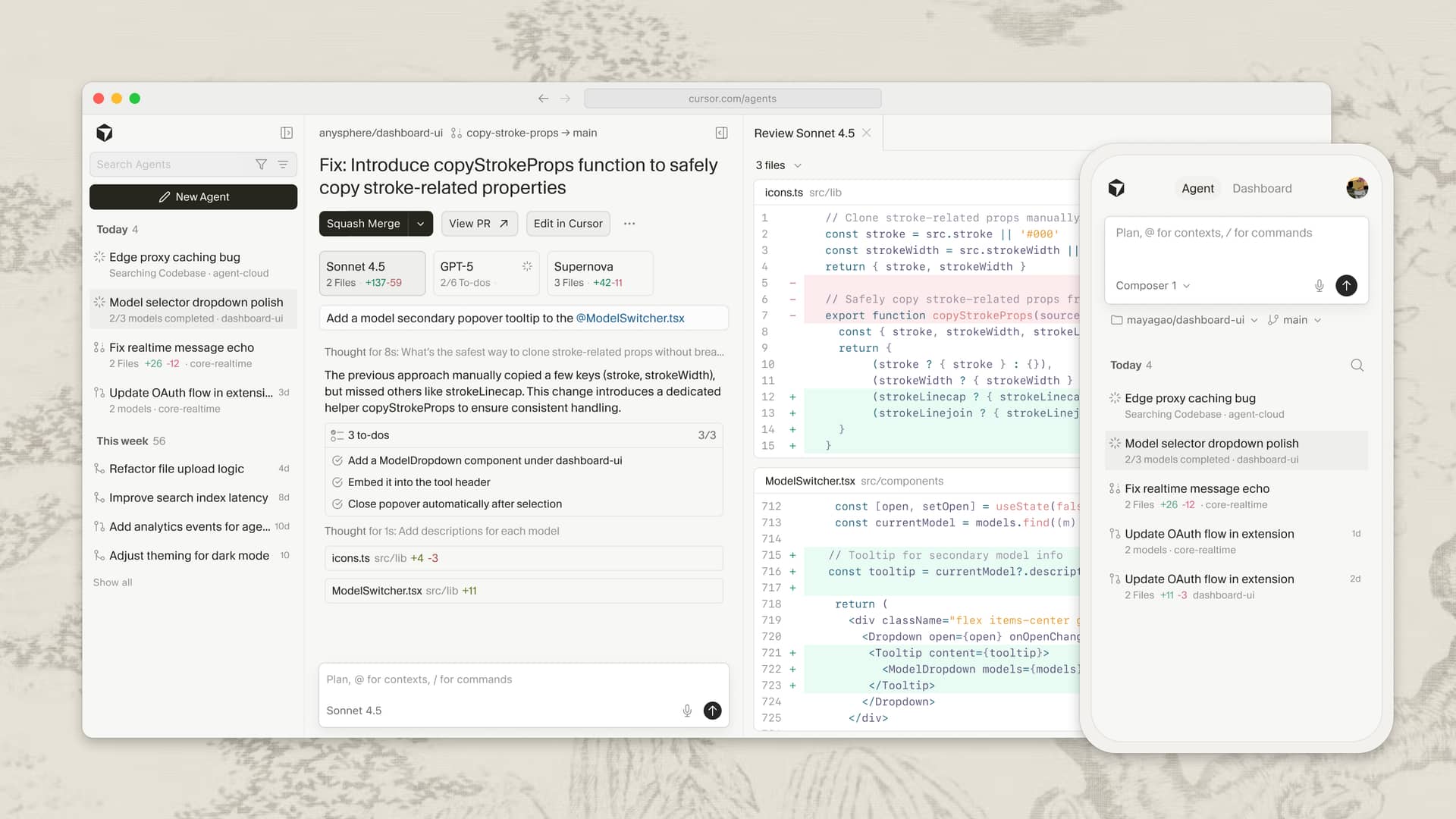 Cursor Agents 执行编码和研究任务的看板视图